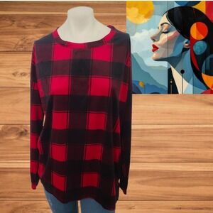 Sonoma Women's Black and Red Plaid‎ Polyester Crew Neck Sleep Shirt -  Sz XL
